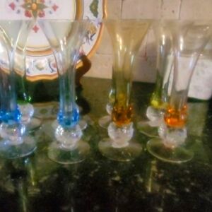 Vtg Hand Blown Glass Multi Color Champagne Flutes with Icy Ball Stem Set 7 Blue